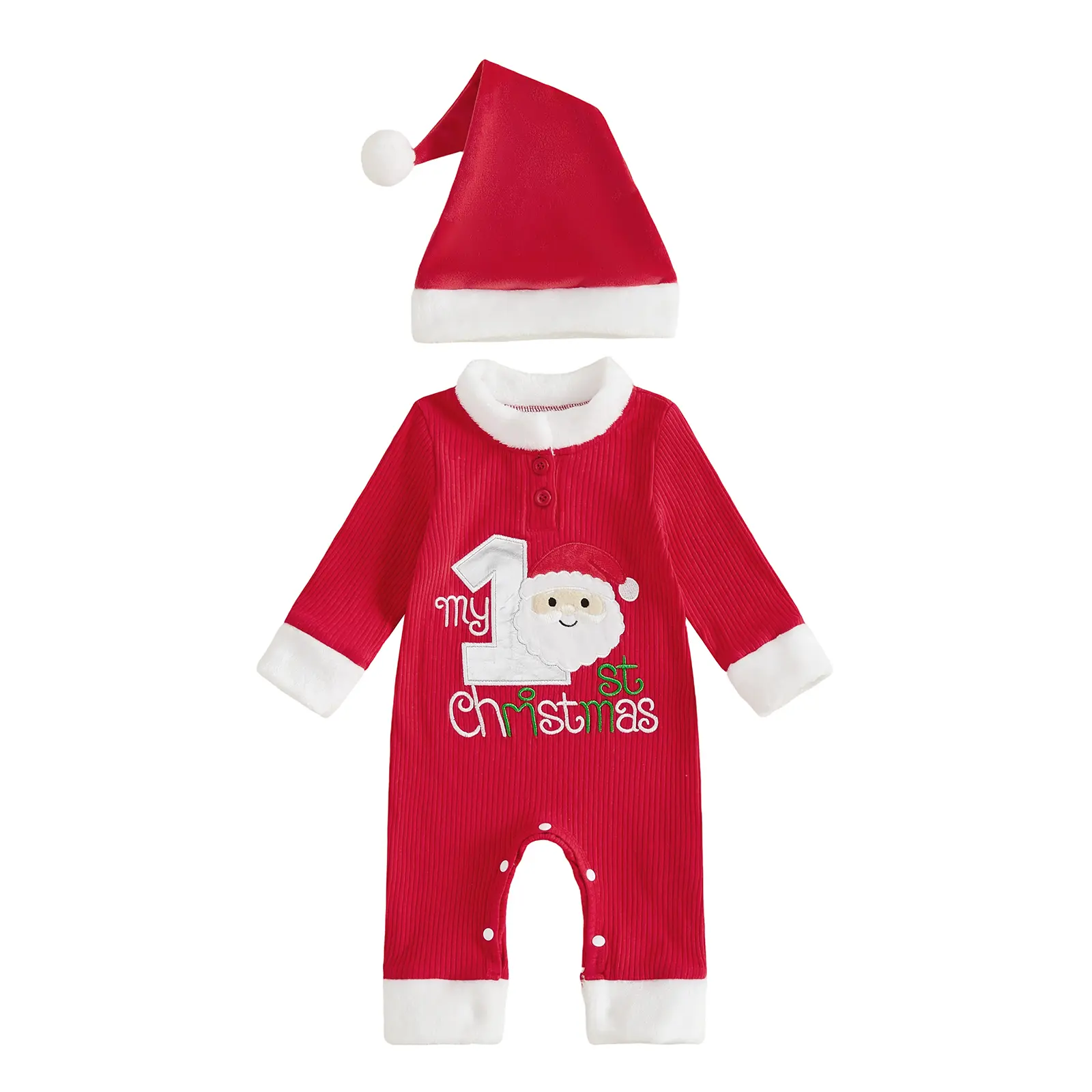 Meihuida Newborn Baby Boy Girl My First Christmas Romper Ribbed Knit Santa Embroidery Jumpsuit with Hat Fall Winter Outfit 0-6 Months