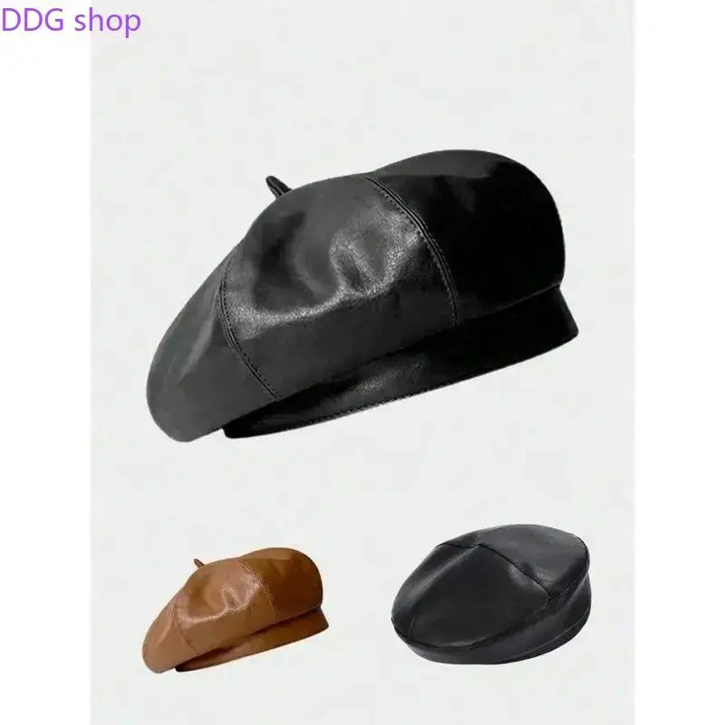 Women's PU Leather Fashion Beret - Hats for Women, British Look Pumpkin Shape Cap with 1 Pocket, Fitted Casual Painter Style for Winter Daily Wear