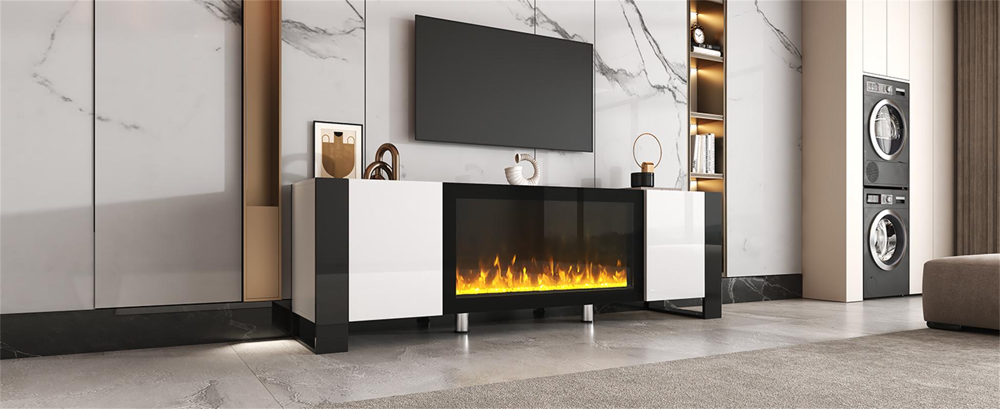 [Bellemave] Modern TV Stand with 34.2" Non-heating Electric Fireplace, High Gloss Entertainment Center with 2 Cabinets, Media Console for TVs up to 78", White