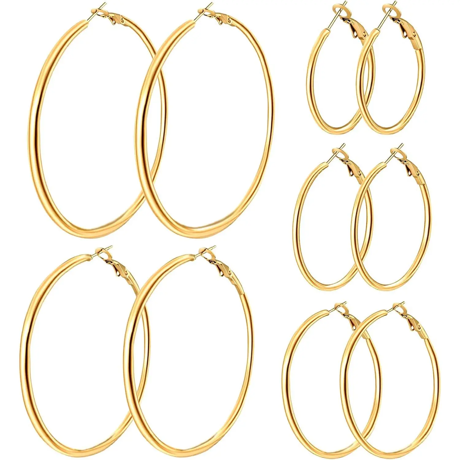 5/8 Pairs   Hoop Earrings for Women Stainless Steel  Set | 30 40 50 60 70 mm, 14K  Plated Stainless Steel, , Lightweight, Thin, Small Medium Large Dangle