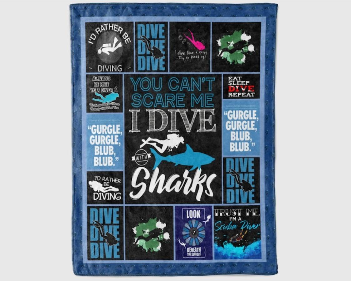 I Dive with Sharks Blanket, Scuba Diving Blanket, Scuba Diver Blanket, Dive Blanket, Snorkeling Blanket, Ocean Sport Blanket, Ocean Gifts