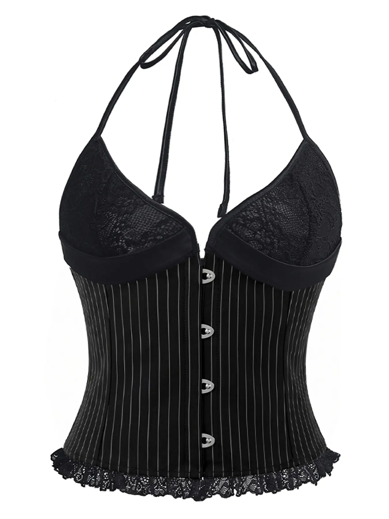 Gothic Striped Corset Bra, Lace Halter Deep V Shaping Top, Front Button Waist Cinch, Party Halloween Cosplay, Slimming Hourglass Bodysuit