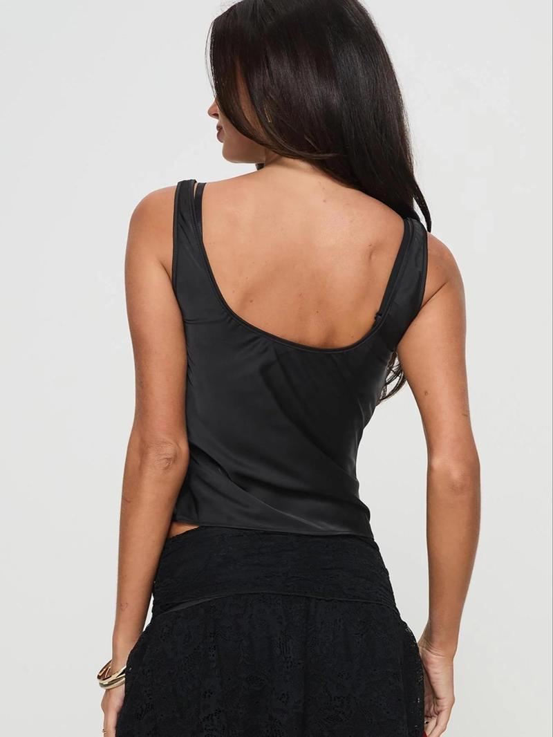 Women's Plain/Leopard Print Crop Tank Top & Lace Bra Two-Piece Set, Casual Fashion Cozy Two Piece Set for Daily Outdoor Wear, Ladies Clothes for Summer