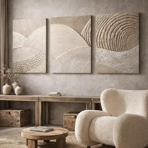 2D painting, 3-piece set of modern abstract canvas wall art - off-white and white textured paintings with wooden frames, simple neutral tones suitable for living room decoration, wall decor panels for narrow spaces, easy-to-hang contemporary art for decor