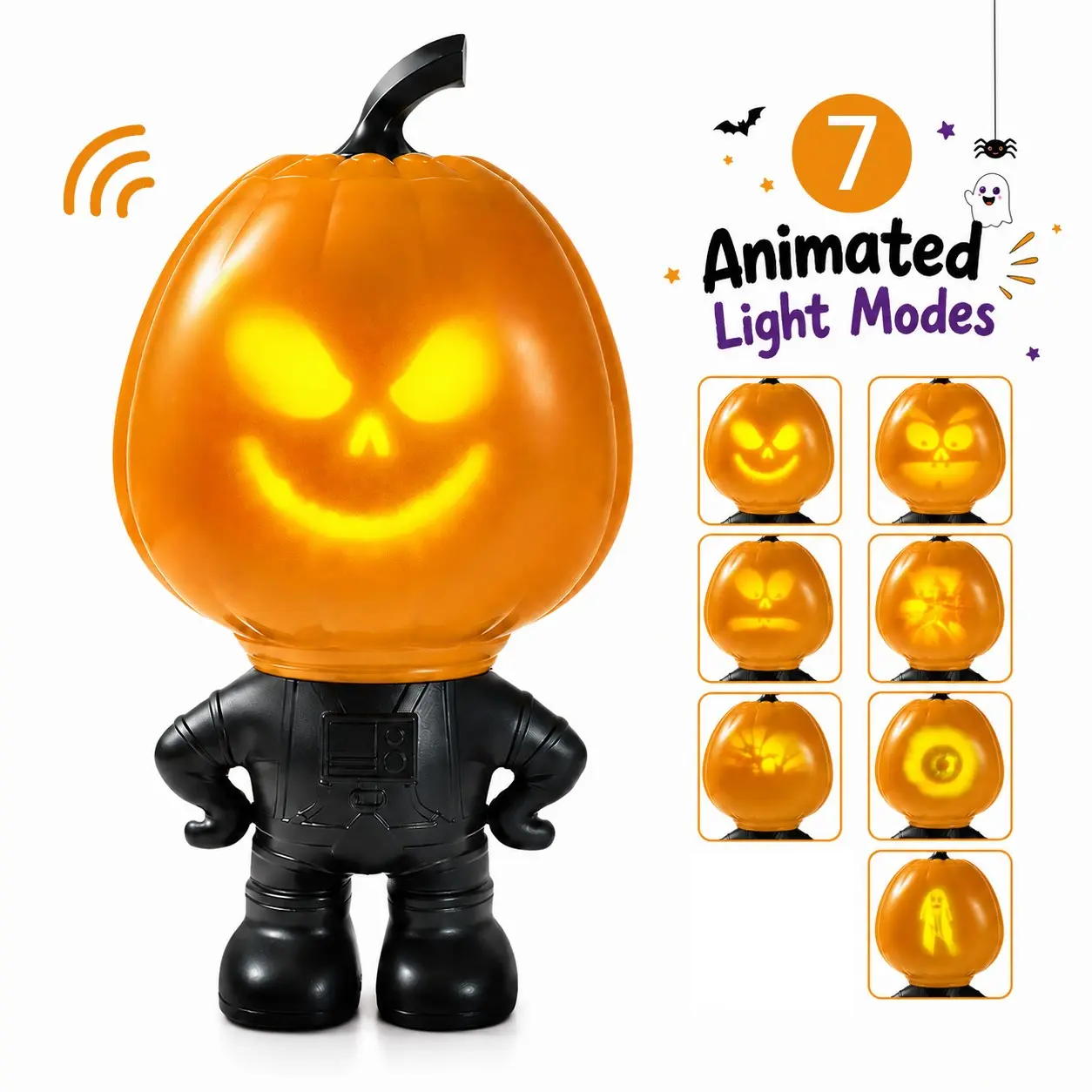 Halloween Talking Pumpkin Lamp, 7 Animated Light Modes, Spooky Sound & Music, Type-C Rechargeable, Halloween Decoration