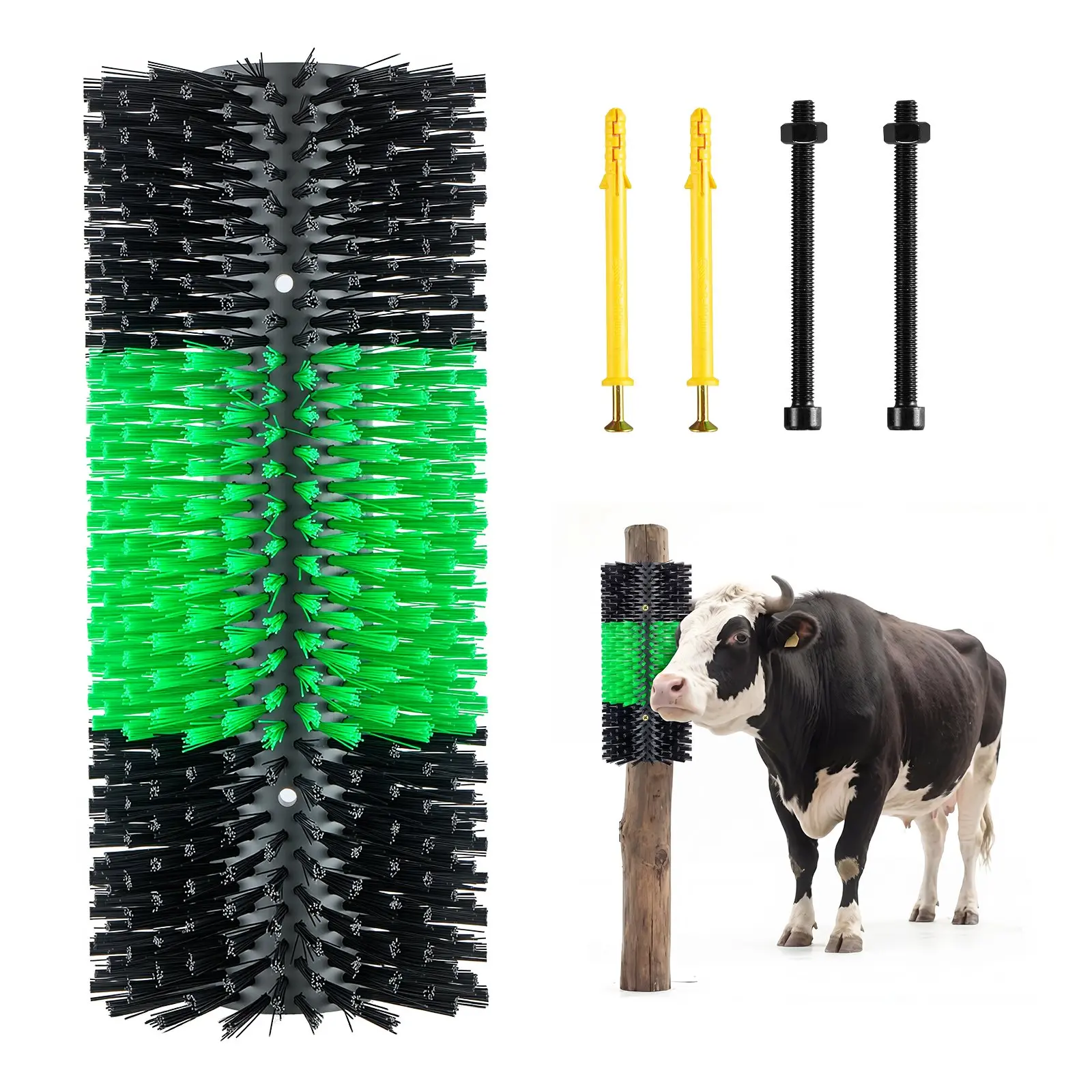VEVOR High-Bristle Livestock Scratching Brush, 1PC Quick-Install Goat Scratcher Post with 4 Screws (16.9"x7.5"), Skin-Cleaning Back Itch Relief Tool for Horses & Cattle, Green Black