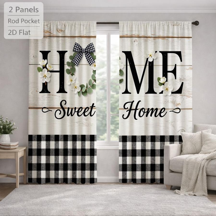 2Pcs Rustic Plaid Farmhouse Letter Print Sun Blocking Curtains Digital Printed Rod Pocket, Window Treatment For Bedroom Office Kitchen Living Room Study Home Decor