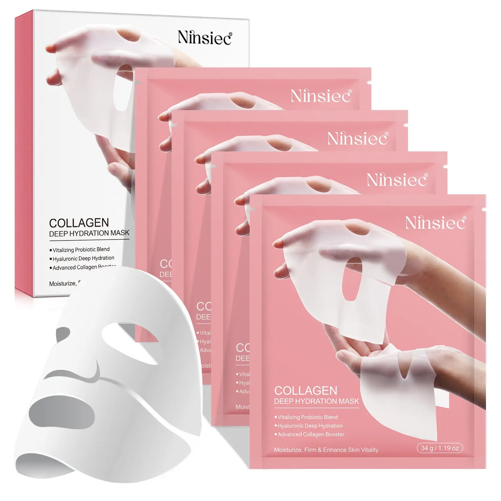 Collagen Deep Mask Set, 4 Sheets Per Box, Hydrating Overnight Gel Mask, Moisturizing Face Care, Softening Skin, Single Pack