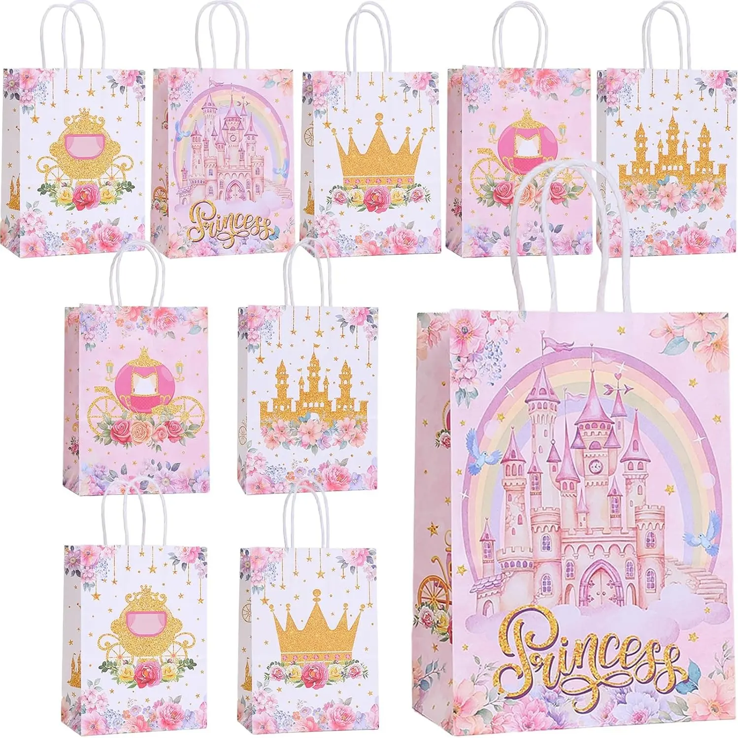 10 Pcs Castle Gift Bags with Handles, Princess Party Paper Bags, Candy Gift Bags, Birthday Gifts for Girls, Birthday Presents, Gift Wrapping Supplies
