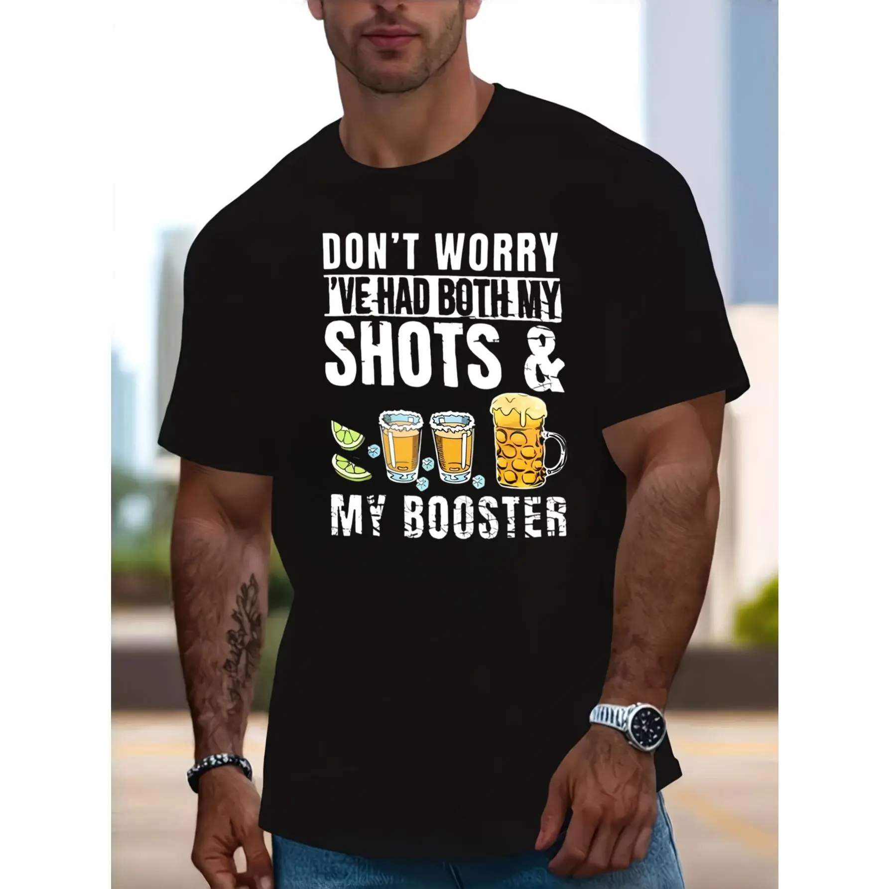 Casual Funny Graphic, Men's T-Shirt, Don't Worry I've Had Both My Shots And My Booster Beer Quote Design, Summer Party Bar Gathering, Gift For Boyfriend Husband Dad Brother Friend