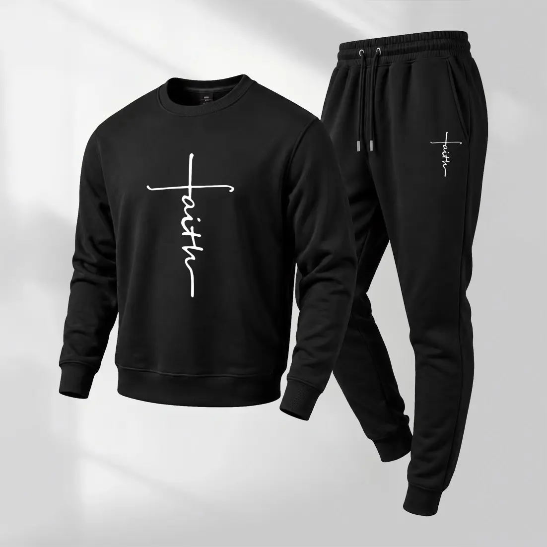 Men's Faith Graphic Crewneck Sweatshirt and Jogger Pants Set, Casual Long Sleeve Pullover with Drawstring Sweatpants, Fall Winter Tracksuit for Daily Wear, Travel, Lounge, Workout and Indoor Outdoor Activities