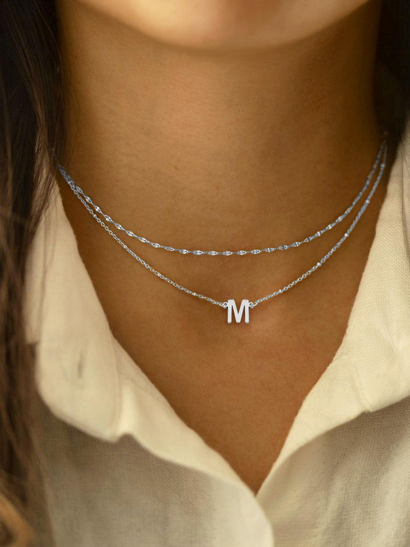 Simple Letter Detail Pendant Necklace & Chain Necklace Set, Necklace Initial, Fashion Jewelry for Party, Daily Decor, Trendy All-match & Exquisite Jewelry for Birthday Gift, Minimalist Necklace