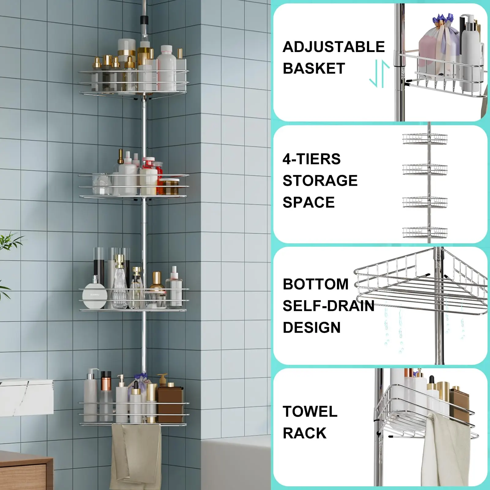 Gaomon 4-Tier Adjustable Corner Shower Caddy, Rustproof Floor-Standing Bathroom Organizer Shelf with Tension Pole for Bathtub Shampoo & Accessories