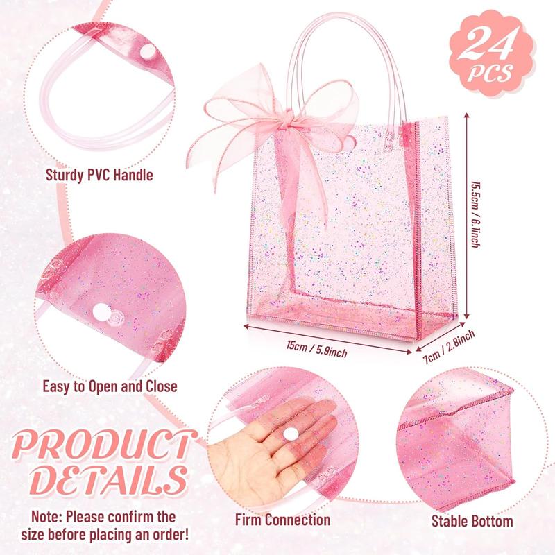 24 count Clear   Bags with Handles 6.1 x 5.9 x 2.8 Inch Wedding Transparent Glitter Tote with Ribbons  PVC  Wrap Bags for  Bridal Shower Birthday Party