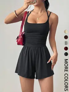 Women's Summer Casual Ruched Strappy Jumpsuit, Loose-Fit Straight-Leg Romper with Two-Piece Look, Plain Color, Comfortable and Stylish