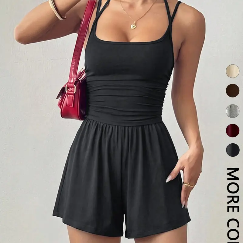 Women's Summer Casual Ruched Strappy Romper, Spaghetti Strap, Minimalist Loose-Fit Straight-Leg Romper, Plain Color, Comfortable and Stylish