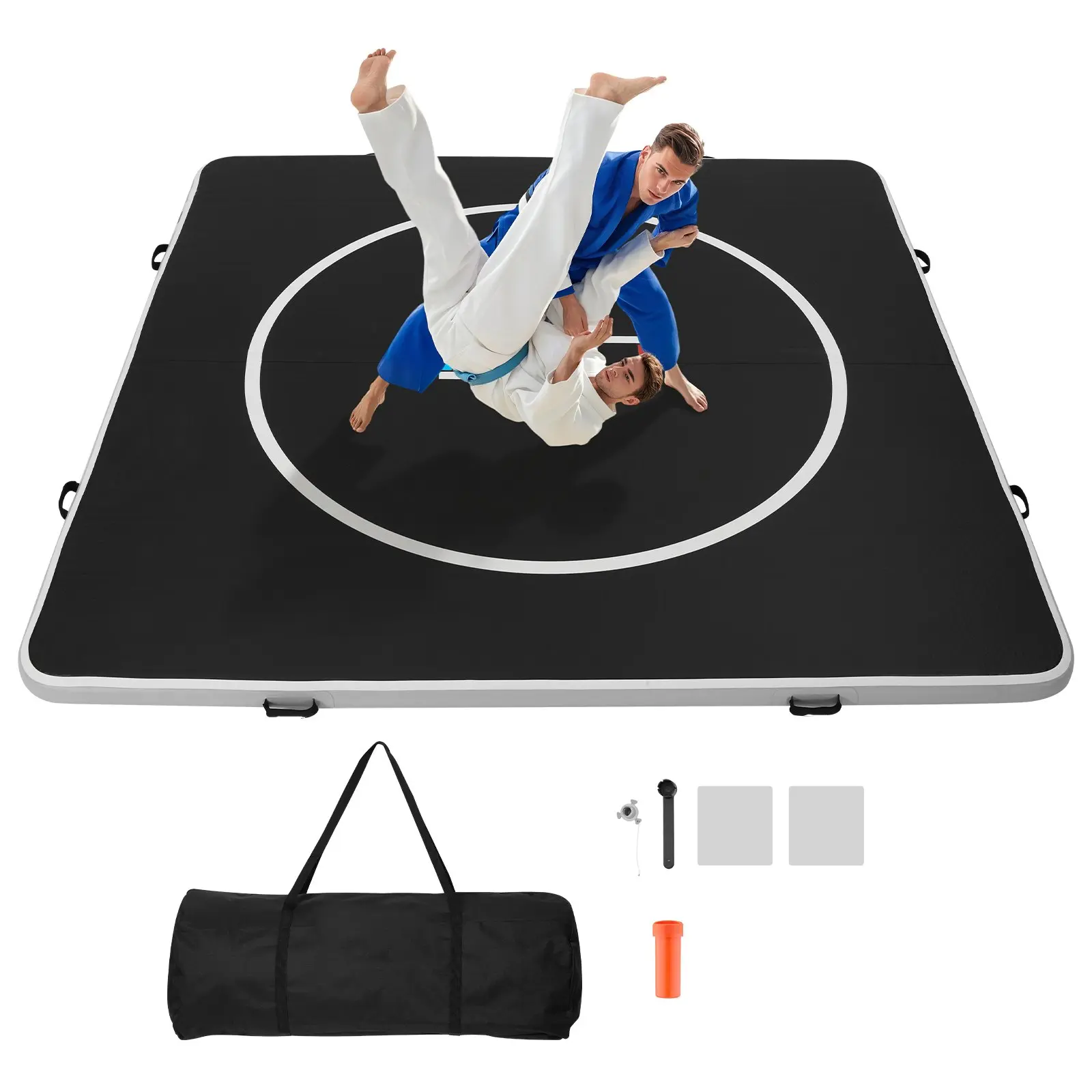 10x10 ft Wrestling Mat Inflatable, Martial Arts Thick Mat for Home Gym Exercise, PVC Foldable Training Mats with Circles and 600W Air Pump, for Gymnastics, Tatami, Jiu Jitsu BJJ MMA Judo, Black