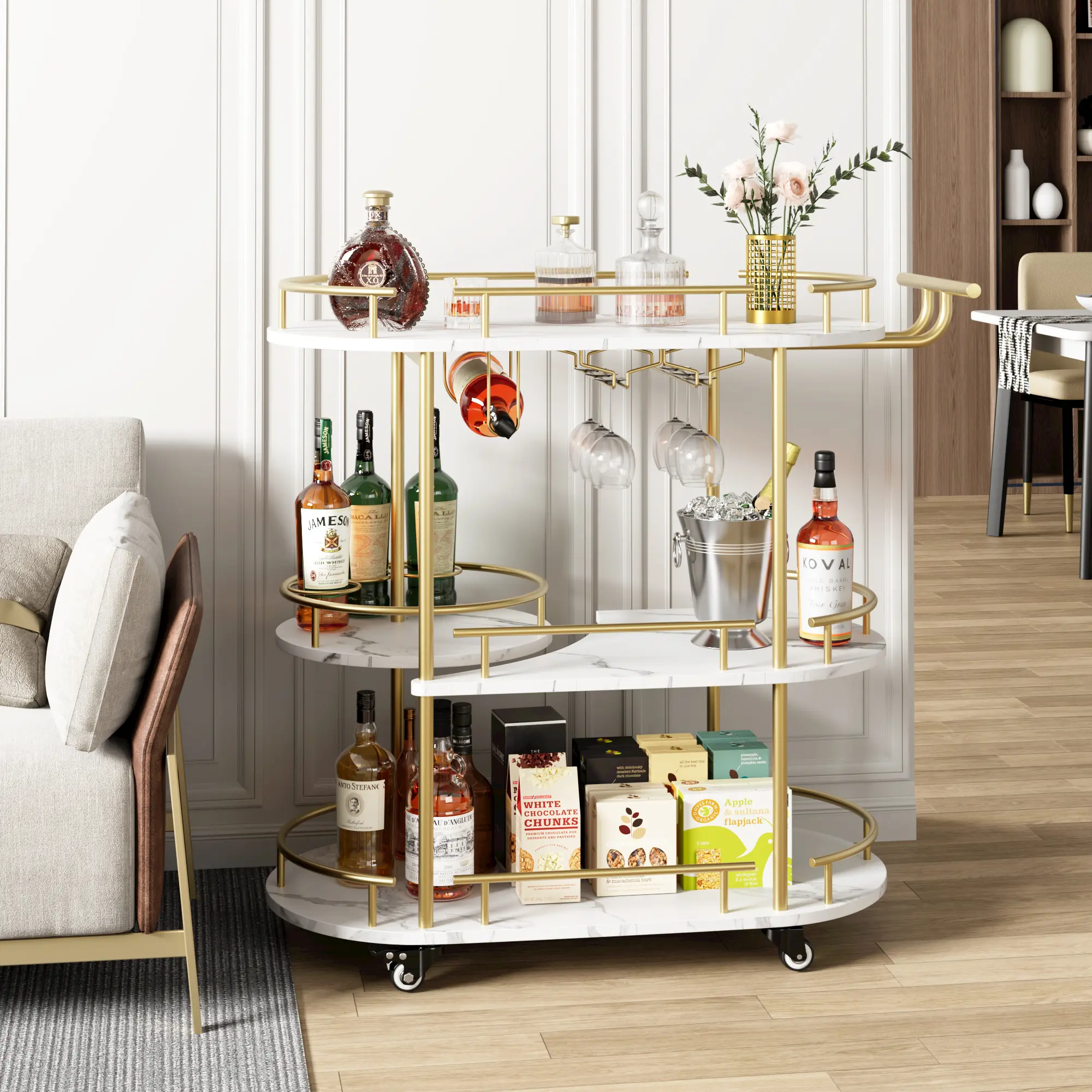 Garvee Modern Rolling Bar Cart on Wheels - 4-Tier Serving Cart with Wine Rack & Glass Holder - Metal Storage Shelves for Home Bar/Kitchen/Dining/Living Room