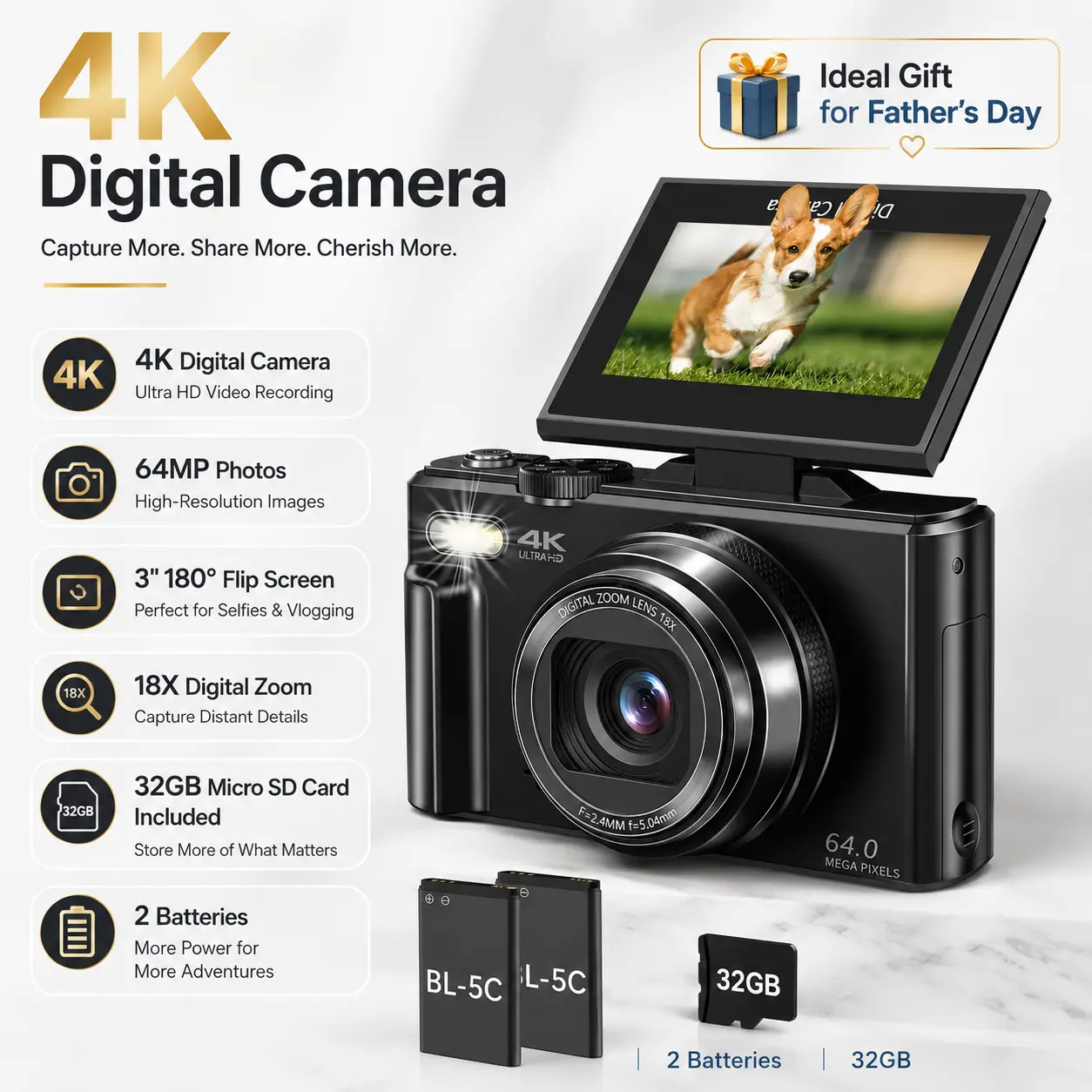 4K Digital Camera for Photography with 64MP, 3 Inch 180° Flip Screen, 18X Digital Zoom, 32GB Micro SD Card, 2 Batteries, Ideal for Gift,father'sdaygifts