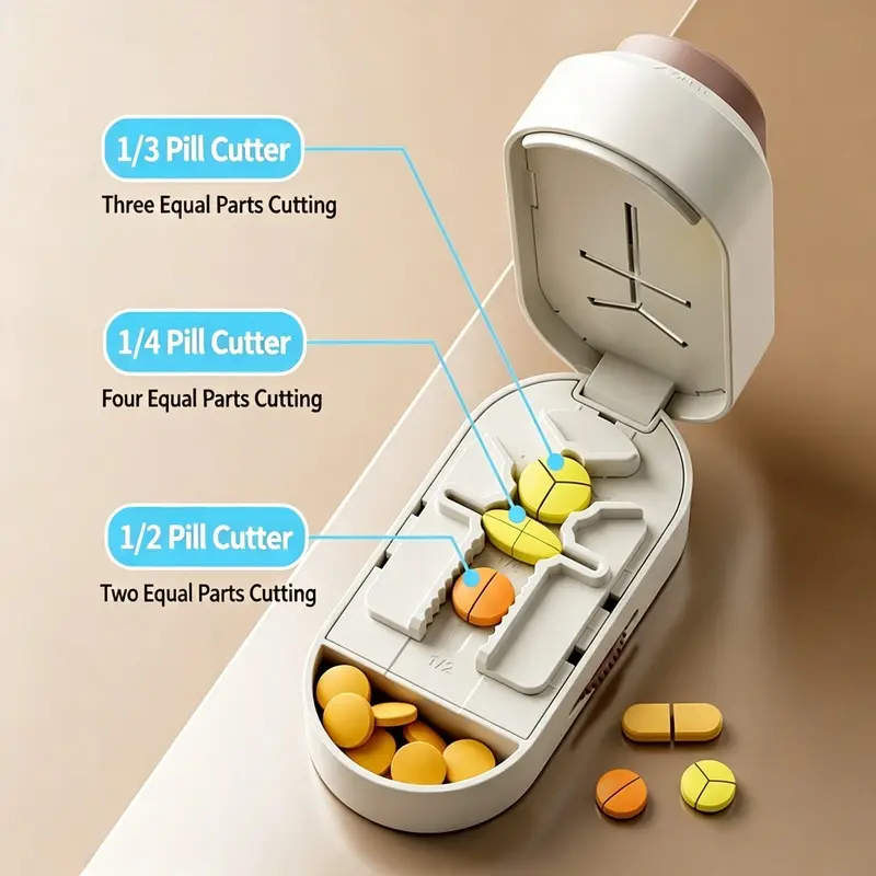 Portable Pill Cutter with Storage Case, Multifunctional Pill Splitter Cut 1/2 1/3 1/4 Tablets, Travel Medicine Box with Cleaning Brush
