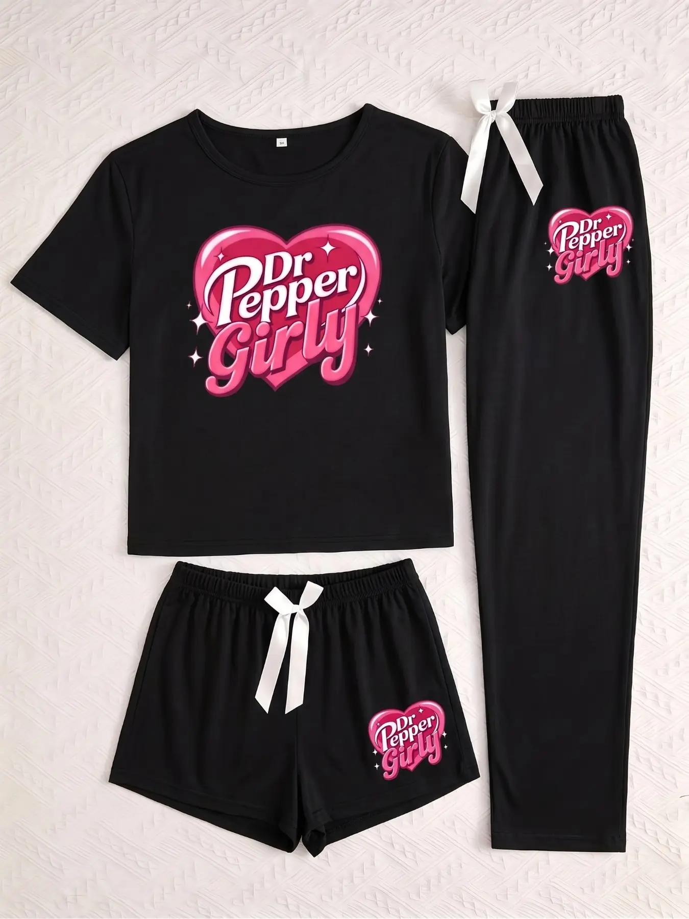 Three-Piece Pajama Set for Women, Heart and Dr Pepper Print, Casual Fitted Sleepwear Loungewear, All Seasons Comfortable Nightwear
