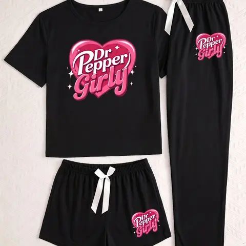 Three-Piece Pajama Set for Women, Heart and Dr Pepper Print, Casual Fitted Printed Sleepwear Set & Loungewear, All-Season Comfortable Wear