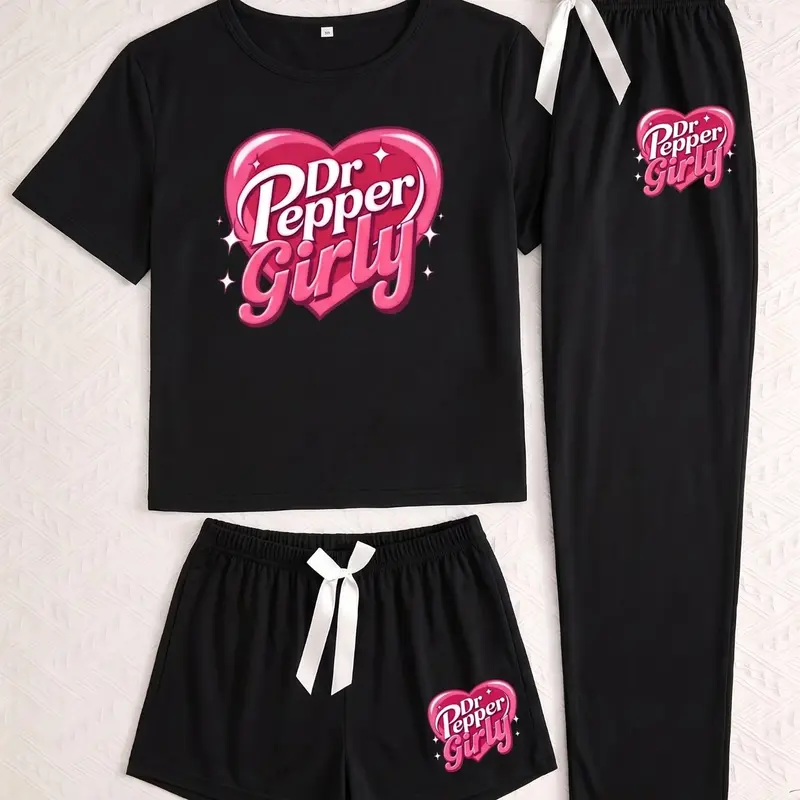 Three-Piece Pajama Set for Women, Heart and Dr Pepper Print, Casual Fitted Printed Sleepwear Set & Loungewear, All-Season Comfortable Wear