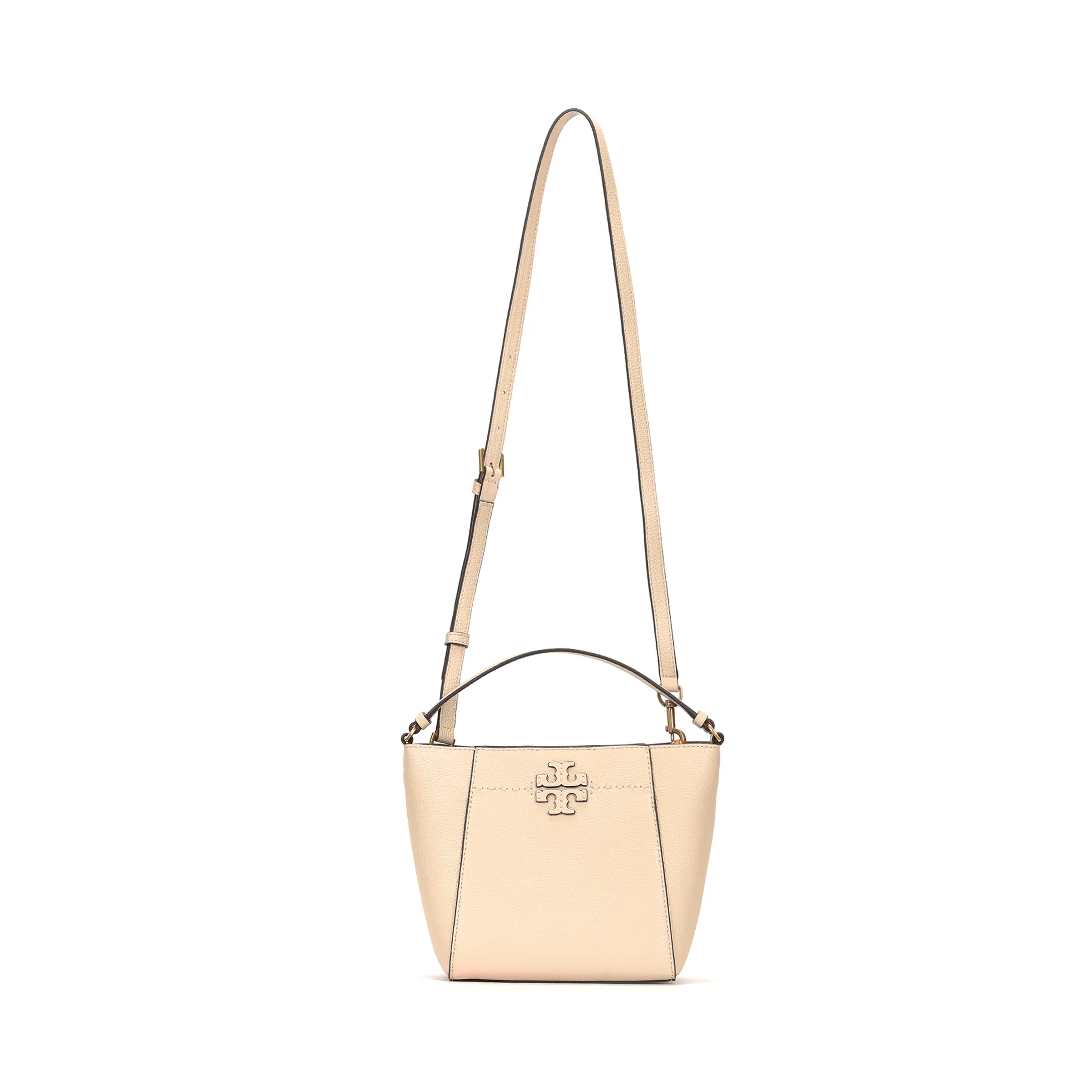 Tory Burch McGraw Adjustable Detachable Strap Pebbled Leather Bucket Bag for Women, Crossbody/Shoulder/Handheld, Cheddar White