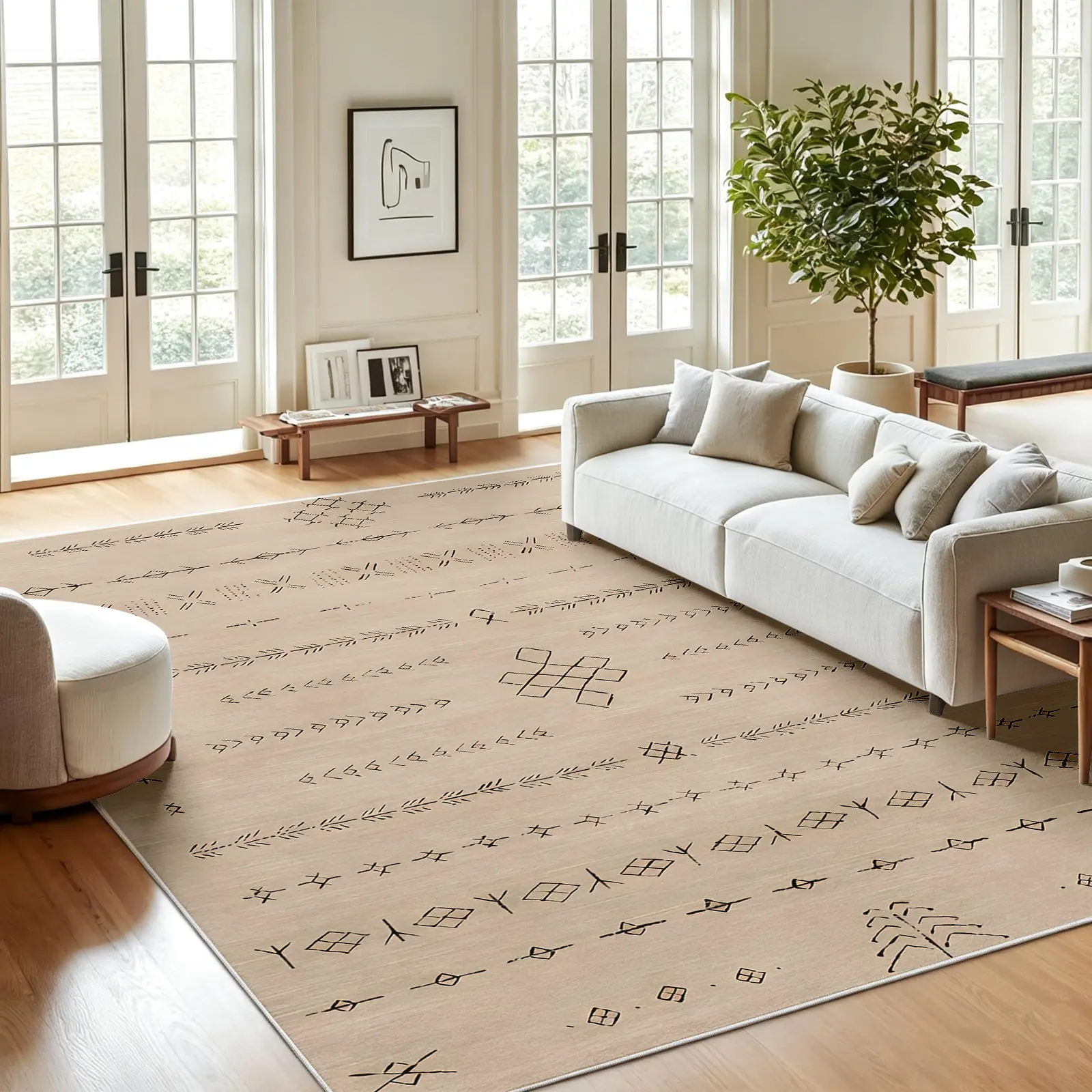 Neutral Mudcloth Area Rug, Sand Beige Base with Black Minimalist Tribal Line Motif and Cross Accents, Non-Slip Washable Carpet, Soft Durable Floor Mat, Aesthetic Rugs for Living Room Bedroom Home Decor, 8 x 10 ft Area Rugs