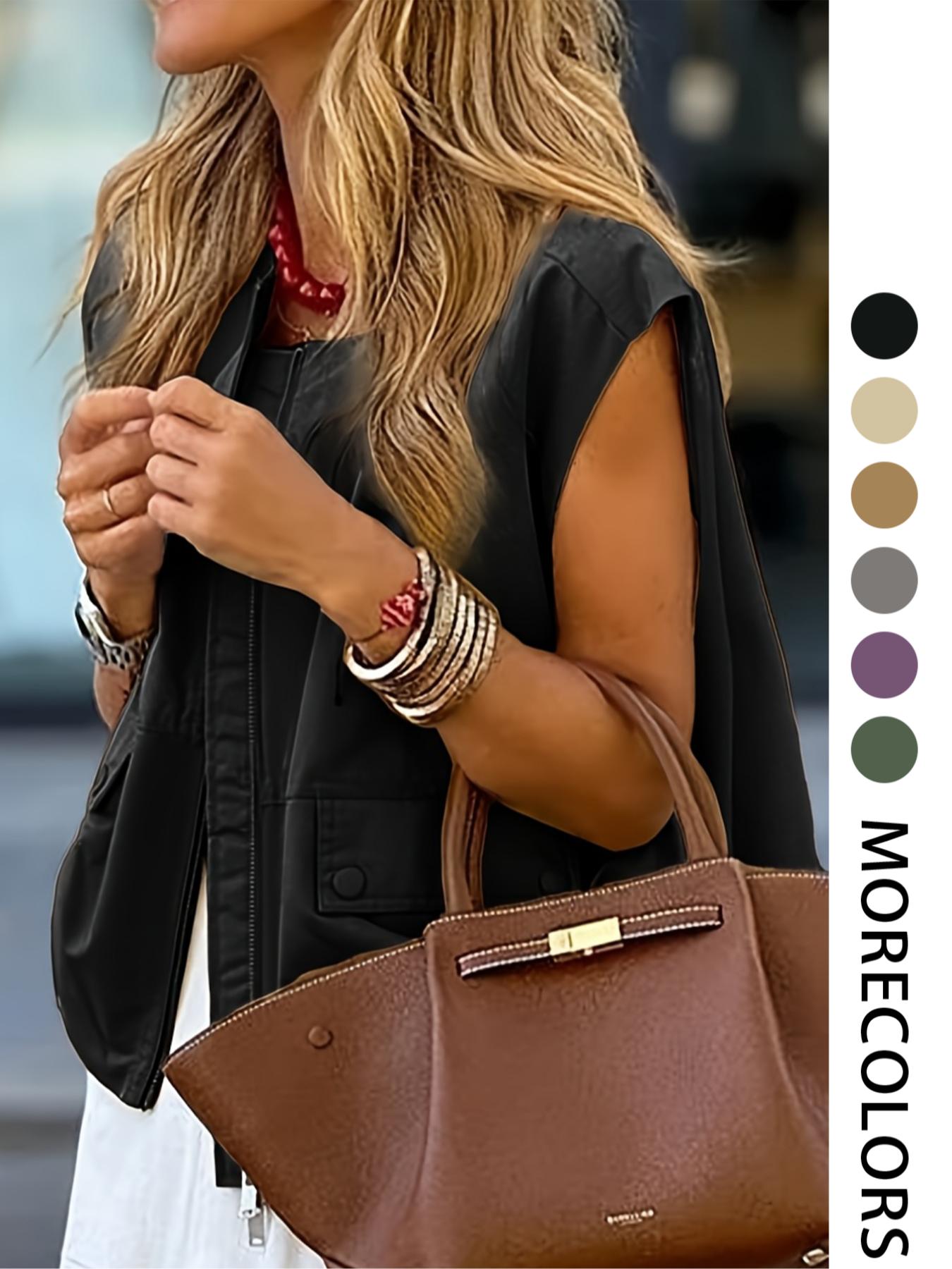 Women's Solid Color Fitted Zip-Front Vest, Casual Sleeveless Outerwear for Daily Wear, Ladies' Clothes for All Seasons