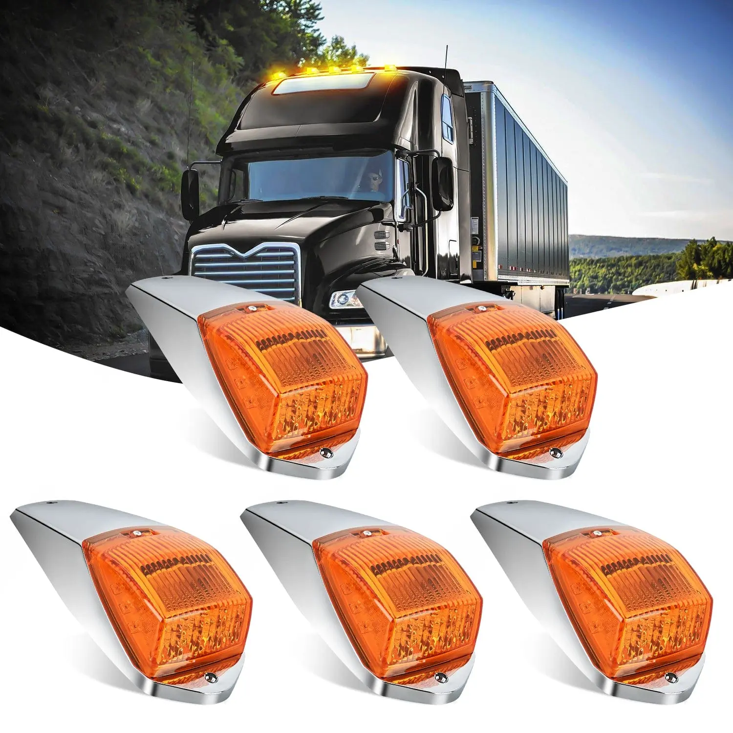Nilight 5PCS 17LED Amber ABS Waterproof Cab Roof Marker Lights with PC Lens - Plug Play, 4X LEDs Top Clearance, High Visibility Led Lights for Truck, Heavy Duty Trucks Compatible with Kenworth, Mack, Freightliner