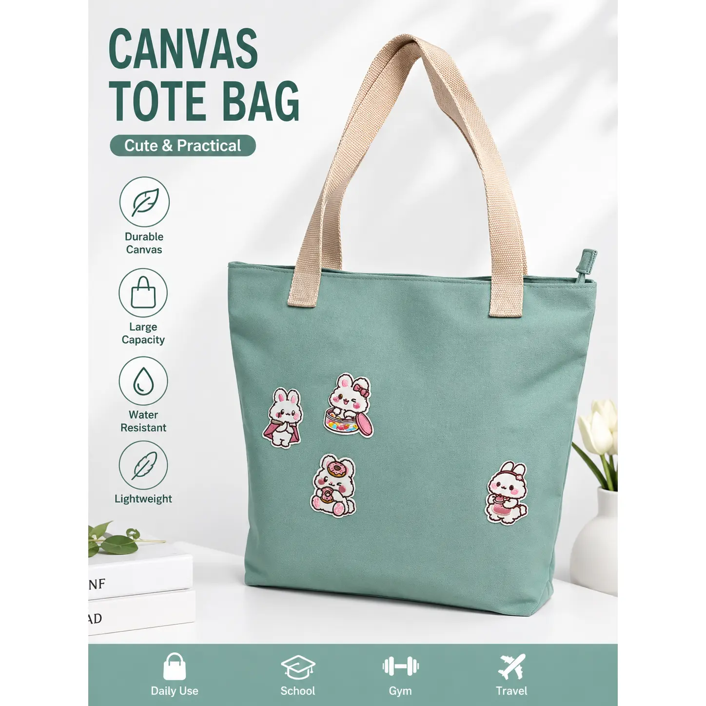 Canvas tote bag with zipper and inner pocket, perfect for school and office use