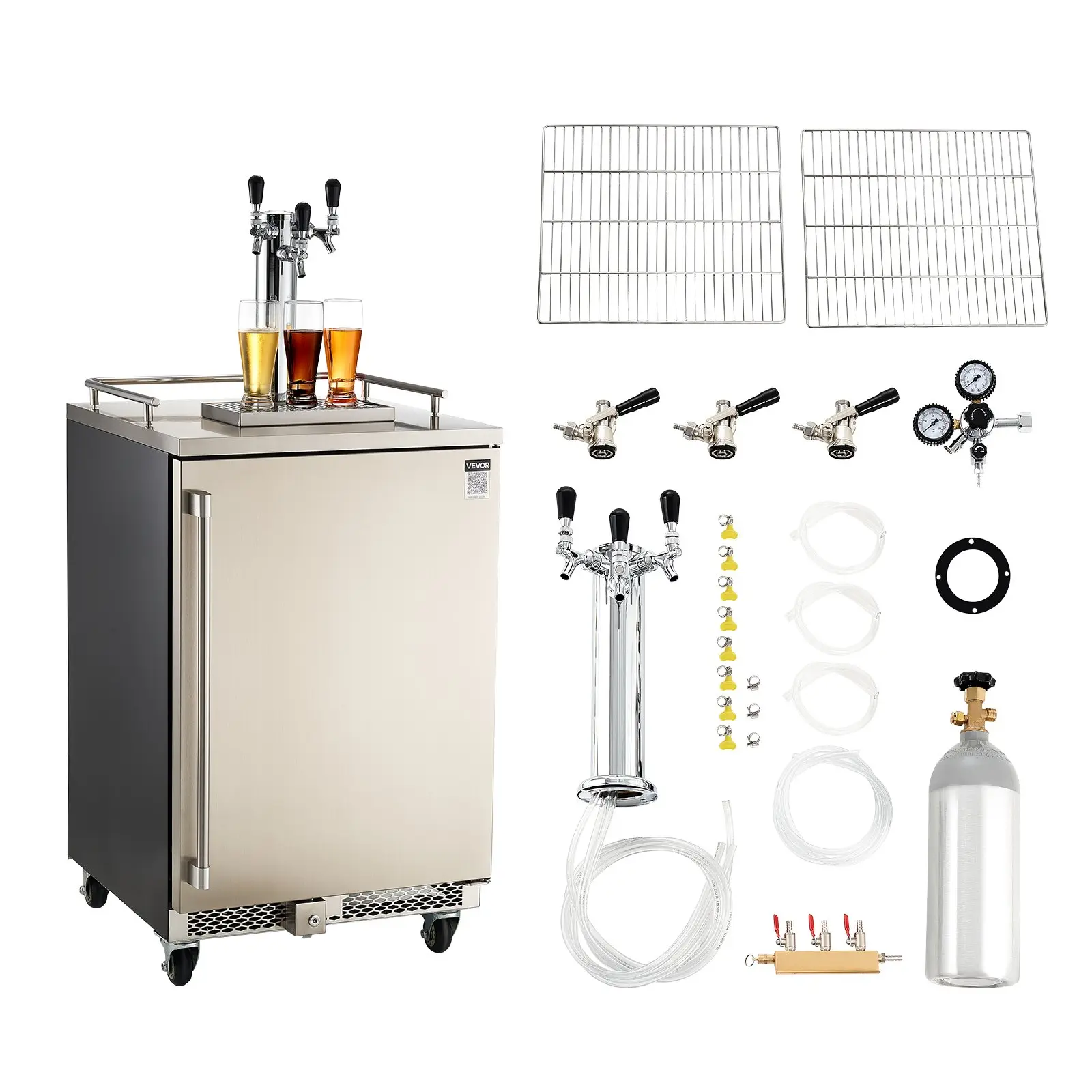 【DealsForYouDays】VEVOR Beer Kegerator, Triple Tap Commercial Draft Beer Dispenser for D system, Full Size Keg Refrigerator with 5lbs CO2 Tank, Hold 3 Sixth/ 2 Slim/ 3 Ball lock keg, 160L