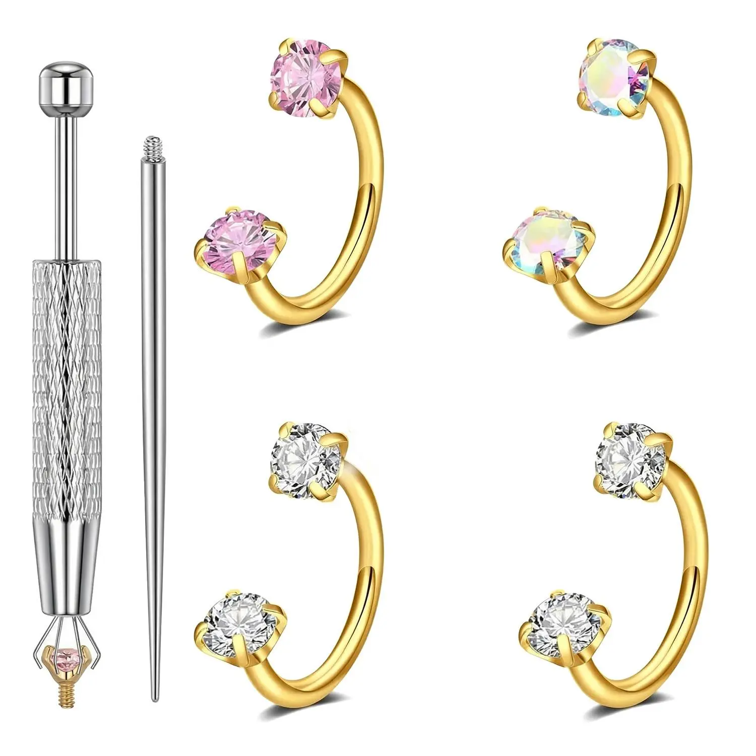 6pcs Stainless Steel Horseshoe Nose Ring 18G with Piercing Taper Tool, Hypoallergenic Nickel-Free, Gold-Toned & Silver Set, Internally Threaded, for Septum Cartilage Nostril Piercing, Highly Polished Comfort Fit, Gift for Women