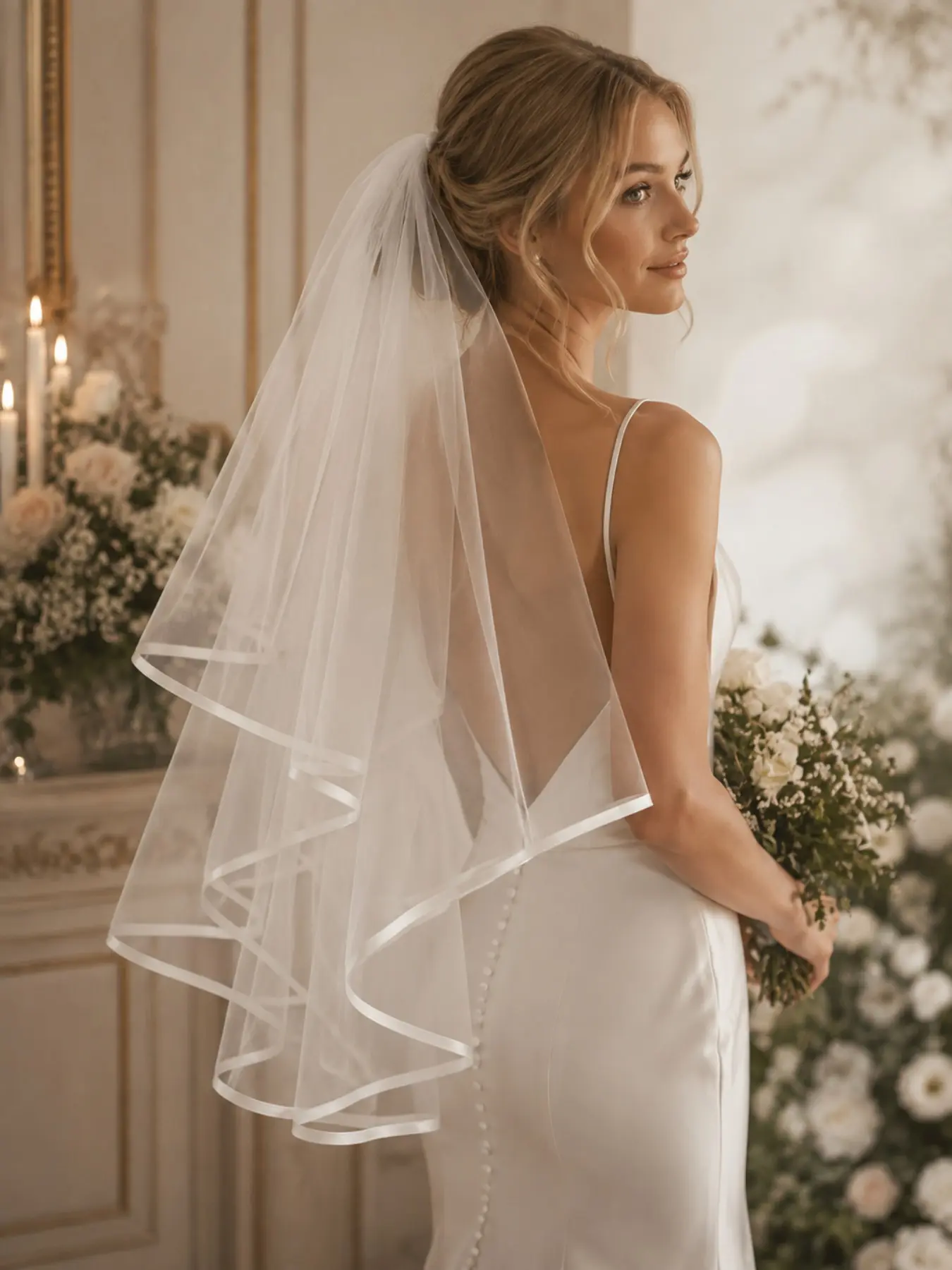 This minimalist 80cm double-layer wedding veil is crafted from solid-color tulle and features a smooth, delicate satin trim. Lightweight and airy, it is perfect for pre-wedding photoshoots or the ceremony itself.