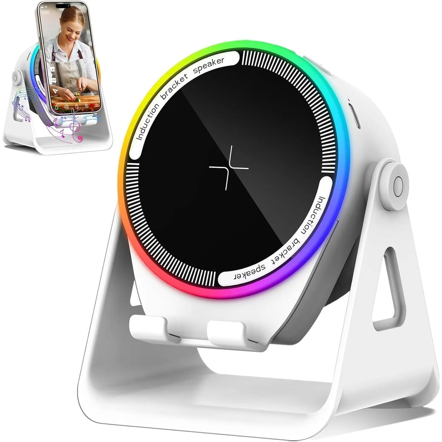 Wireless Induction Speaker, 4-in-1 Wireless Charging Station with RGB Mood Light & 360° Adjustable Stand, Multifunctional Bluetooth Phone Holder Compatible with iPhone/iPad/Android/Samsung (White)