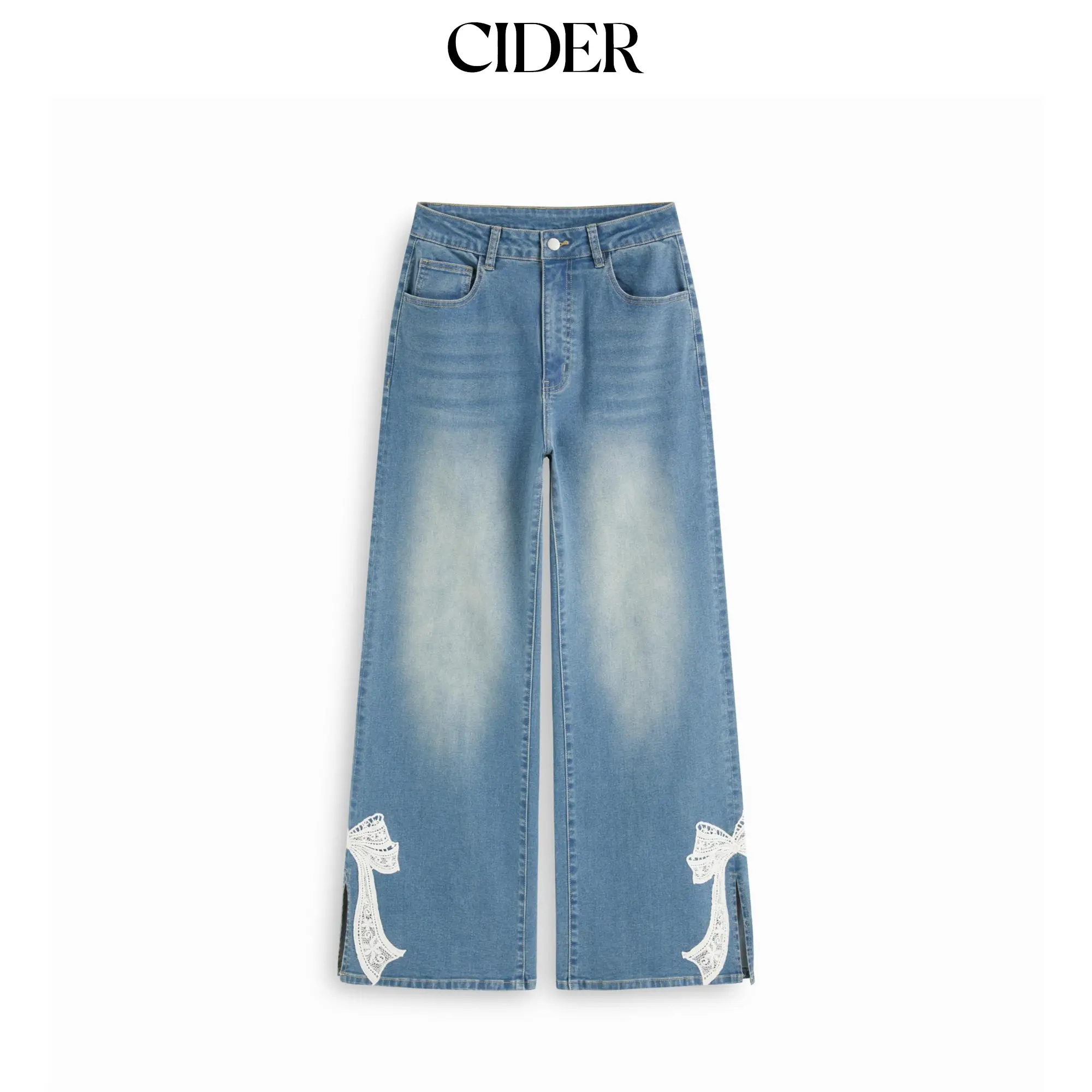 Cider High Stretch Denim Mid Rise Lace Bowknot Wide Leg Jeans
