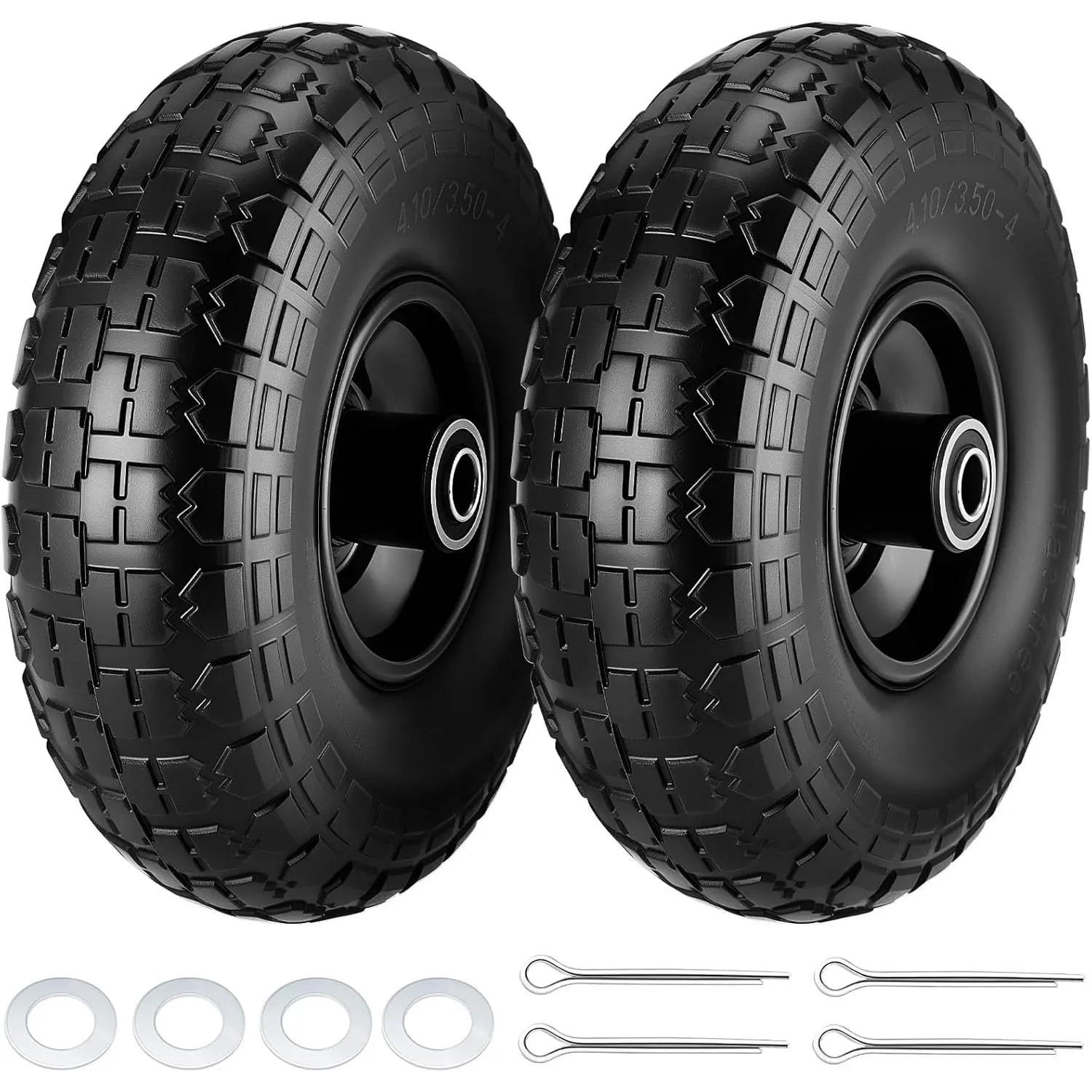 2 Pcs 4.10/3.50-4" Tire and Wheel Flat Free, 10 Inch Tires with 5/8" Axle Bore Hole, 2.2" Offset Hub for Hand Truck, Wheelbarrow, Cart, Wagon Cart, Dolly, Cart