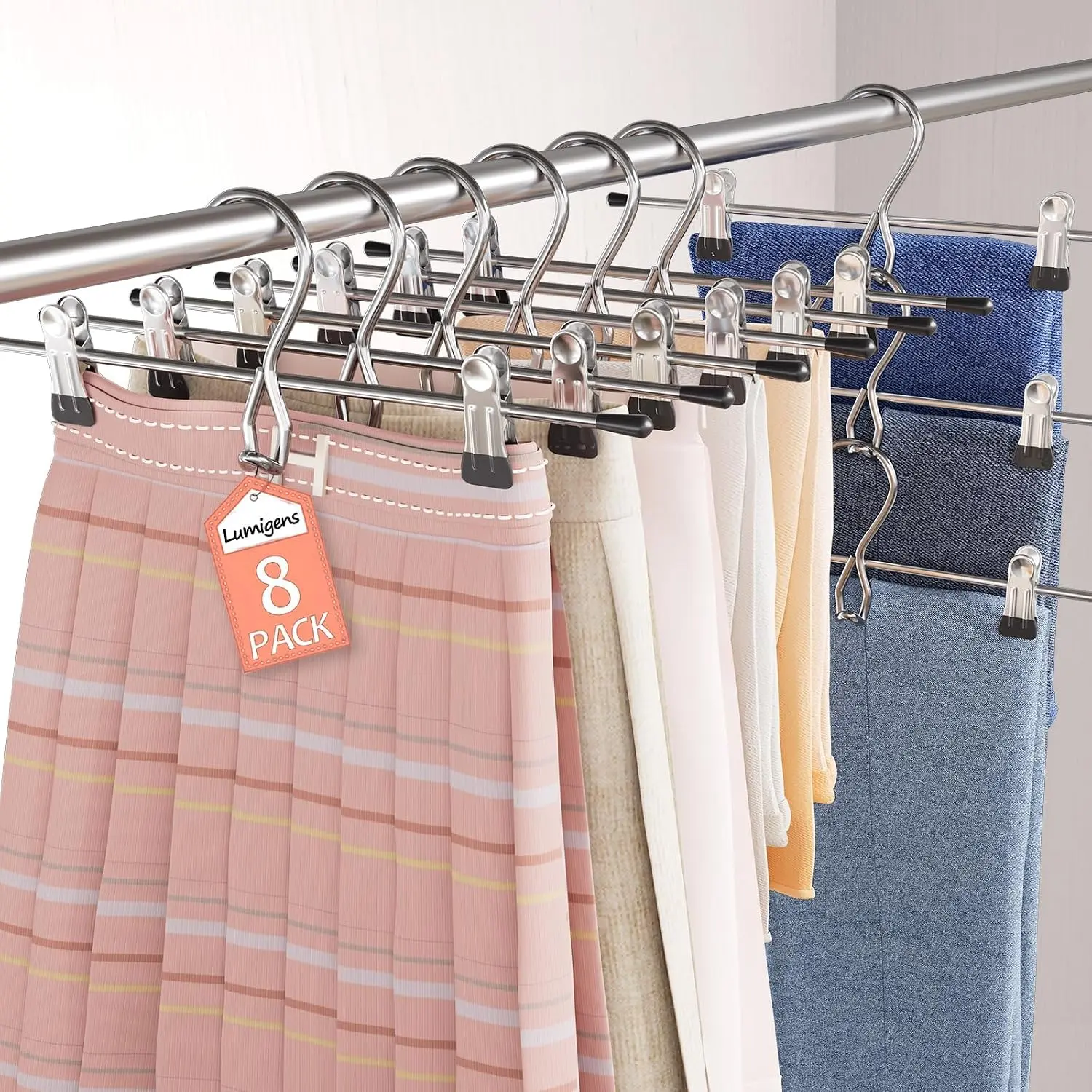 Metal Adjustable Stackable Pants & Skirt Hangers with Clips - 8 Pack Hanging Closet Organizer, College Dorm Essentials