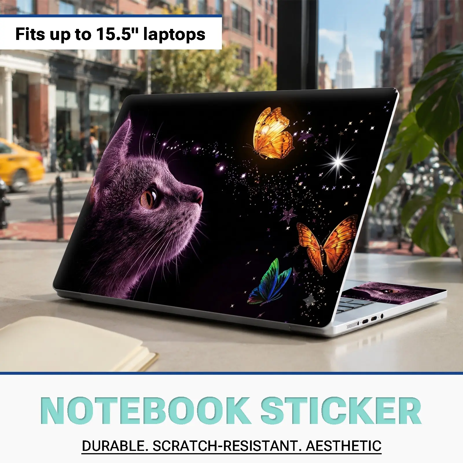 Viral Magical Cat & Butterfly Laptop Skin Stickers! 3Pcs Removable No Residue PVC Decals for 15.5" Laptops, Dreamy Anti-Scratch Notebook Cover Kit