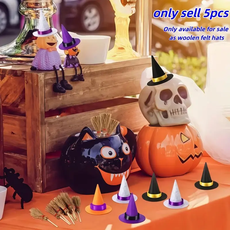 5pcs Halloween Mini Witch Hats, Themed Headwear, Kids Party Costume Accessories, Party Supplies, Felt Bottle Hat Decorations, Perfect for Halloween Parties & Events