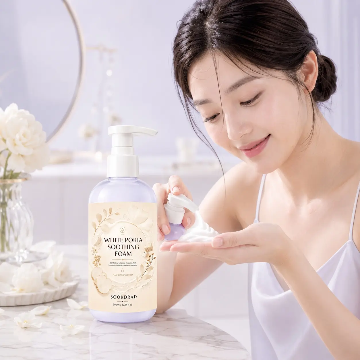 White Poria Soothing Foam, White Poria, Plant Extract, botanical cleansing, soothing, balanced skin, smooth skin, supple skin, face cleanser, 300ml/10.14 fl oz