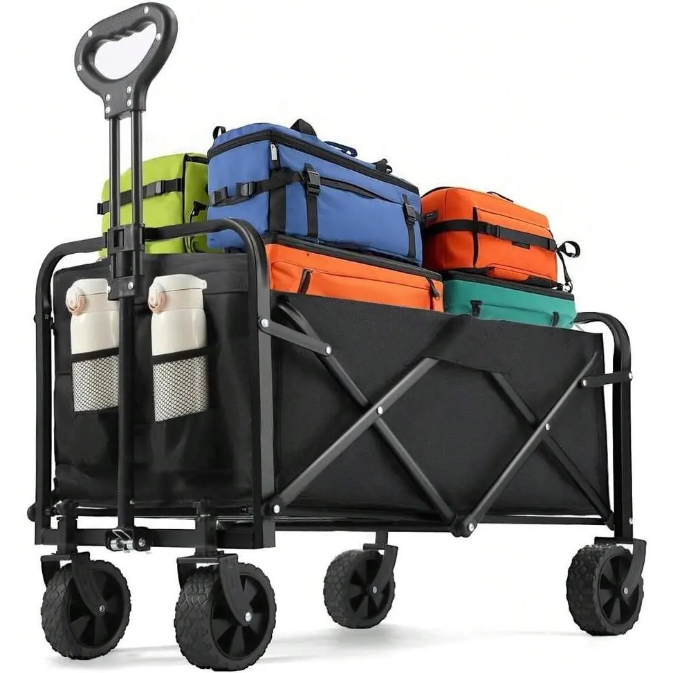 All Terrain Folding Wagon Heavy Duty Collapsible Cart With Large Wheels For Beach Sand Camping Garden
