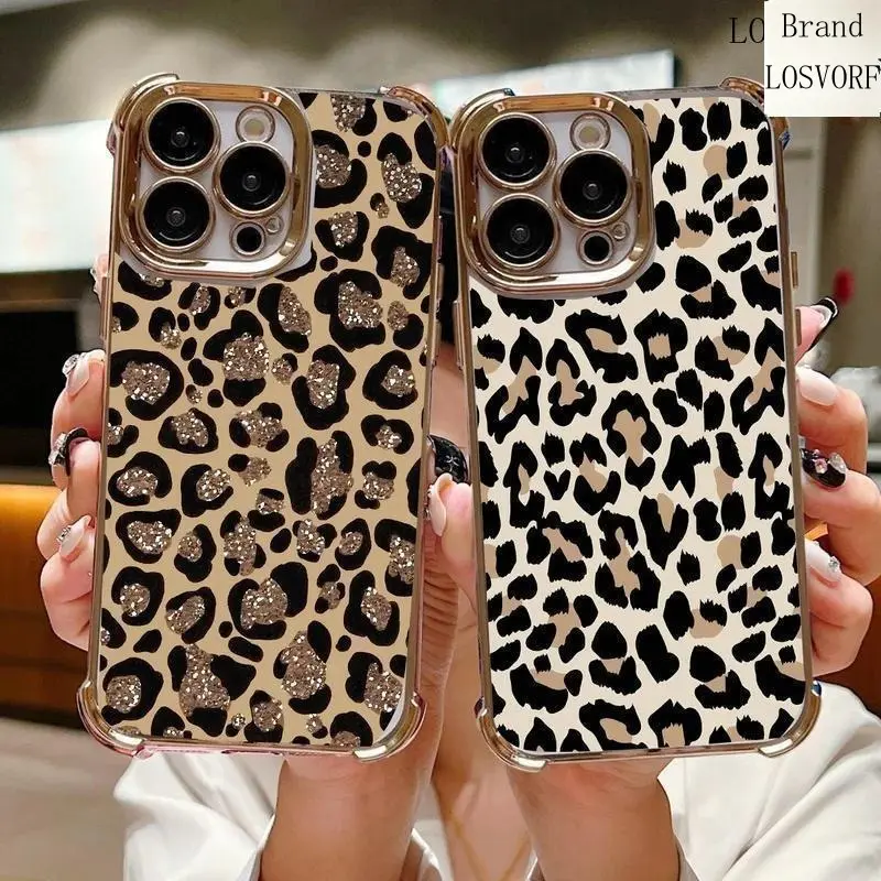LOSVORF Case For Iphone 6 6S 7 8 Plus SE 2022 X XR XS Max 11 12 13 Mini 14 15 Pro Max Retro Luxury Leopard Print Airbag Plating Cover