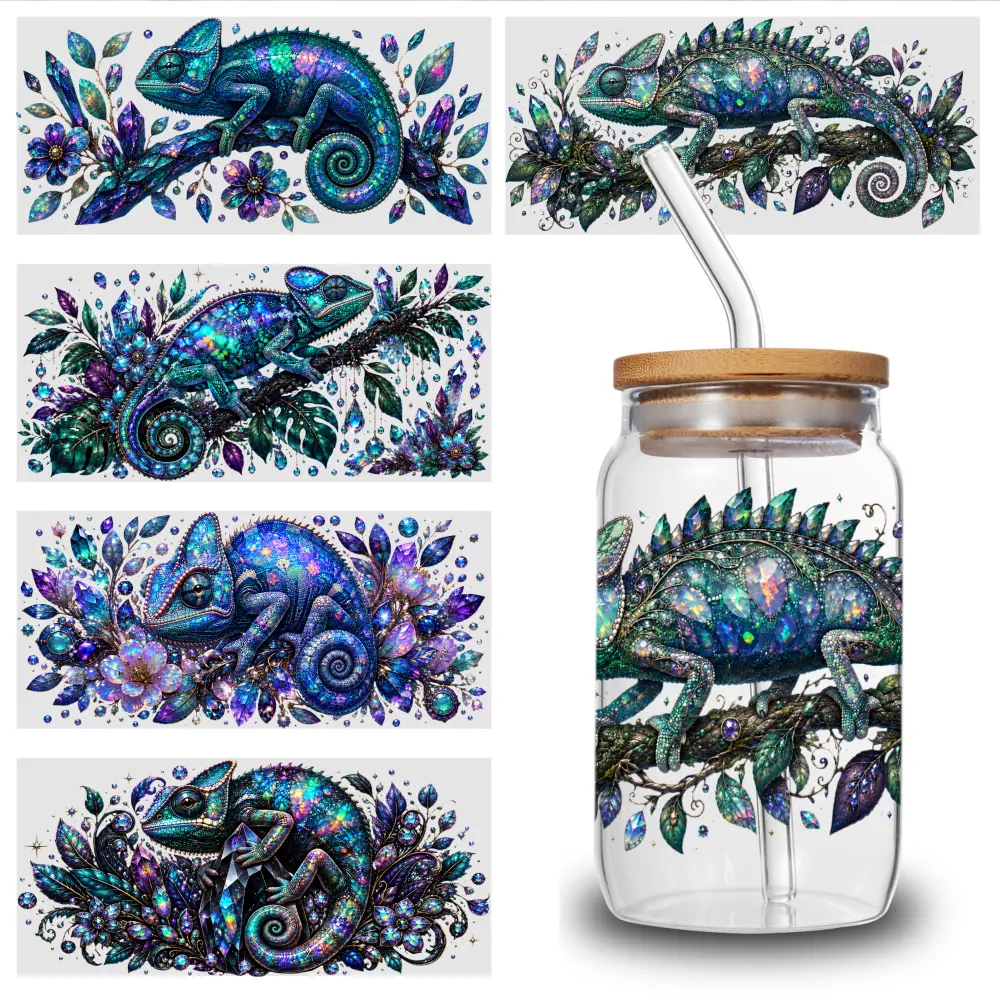 5 Sheets Chameleon Art UV DTF Stickers Cartoon UV DTF Transfer Sticker for Water Cup Glass Bottle Glass Jar, Cup Wrap Sticker, Cartoon Decal, Waterproof Decorative