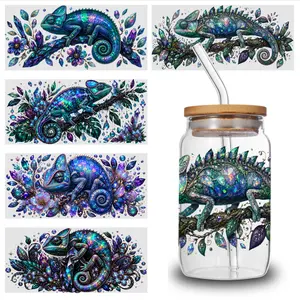 5 Sheets Chameleon Art UV DTF Stickers Cartoon UV DTF Transfer Sticker for Water Cup Glass Bottle Glass Jar, Cup Wrap Sticker, Cartoon Decal, Waterproof Decorative