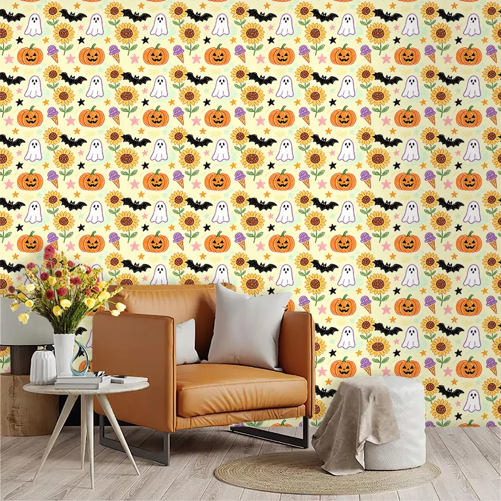 Halloween Pumpkin Ghost Sunflower Bat Mix Repeating Print PVC Self-Adhesive Wallpaper, Removable Decor Film For All Indoor Walls And Furniture Surfaces