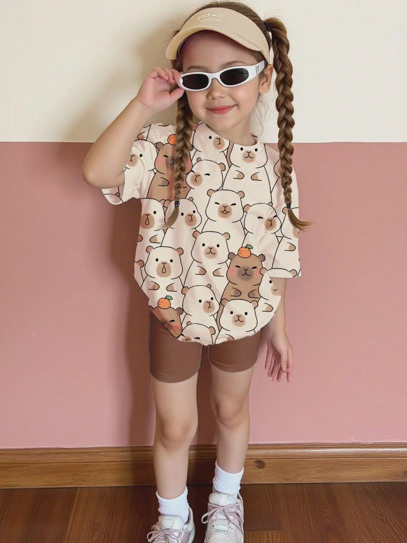Girls' Cute Casual Short Sleeve Tight Fit Suit, Fun Kawaii Capybara Print, Perfect for Home Office, Ideal for Summer, Slim-Fitting Style, Clothes