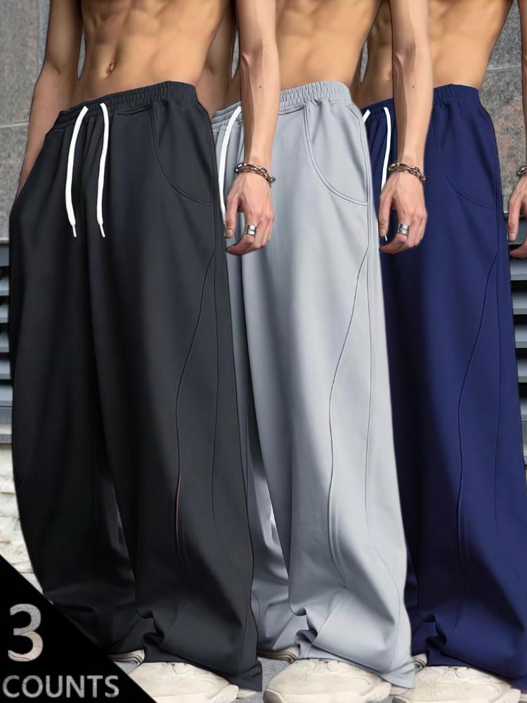 Y2K Men's 3-Pack Wide Leg Sweatpants - Black, Grey & Navy Blue - High Street Loose Fit Joggers with Drawstring Waist & Side Pockets - Lightweight Fabric - Perfect for Streetwear, Casual, Daily Wear - S-3XL Sizes
