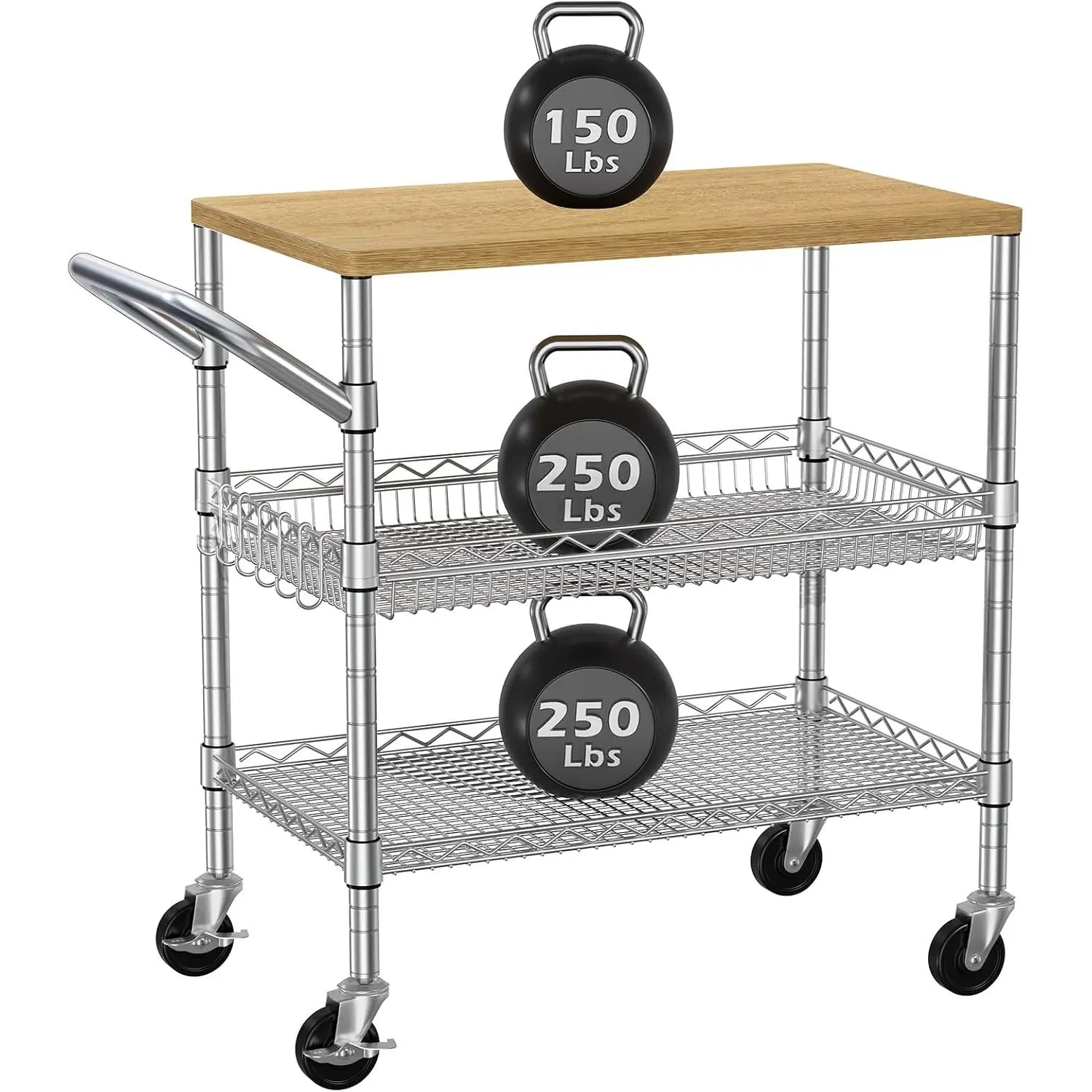 3 Tier Rolling Kitchen Carts  Wheels with Storage,650Lbs Heavy Duty Utility Carts with Wheels,Kitchen  with  Tabletop,Metal Serving Rolling Cart for Small Appliance  Cart,+Metal